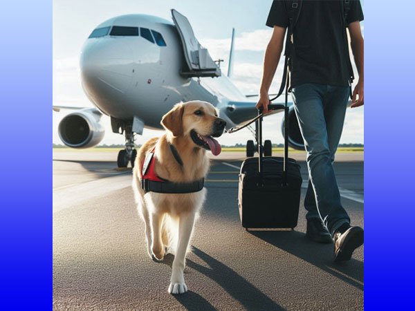 Service dog with owner boarding airplane.