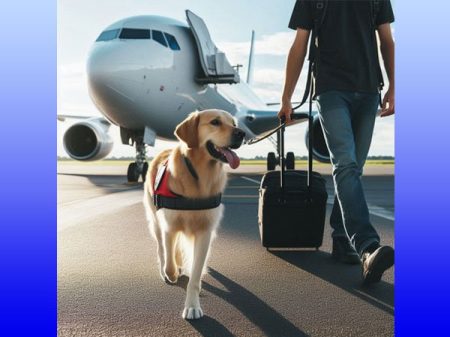 Service dog with owner boarding airplane.